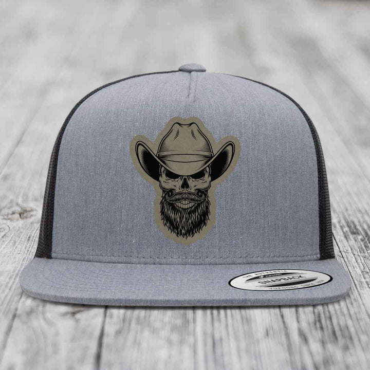 Bearded Cowboy Skull - Leather Patch Hat - Light Brown to Black Patch - Yupoong 6006 Snapback Flatbill Hat