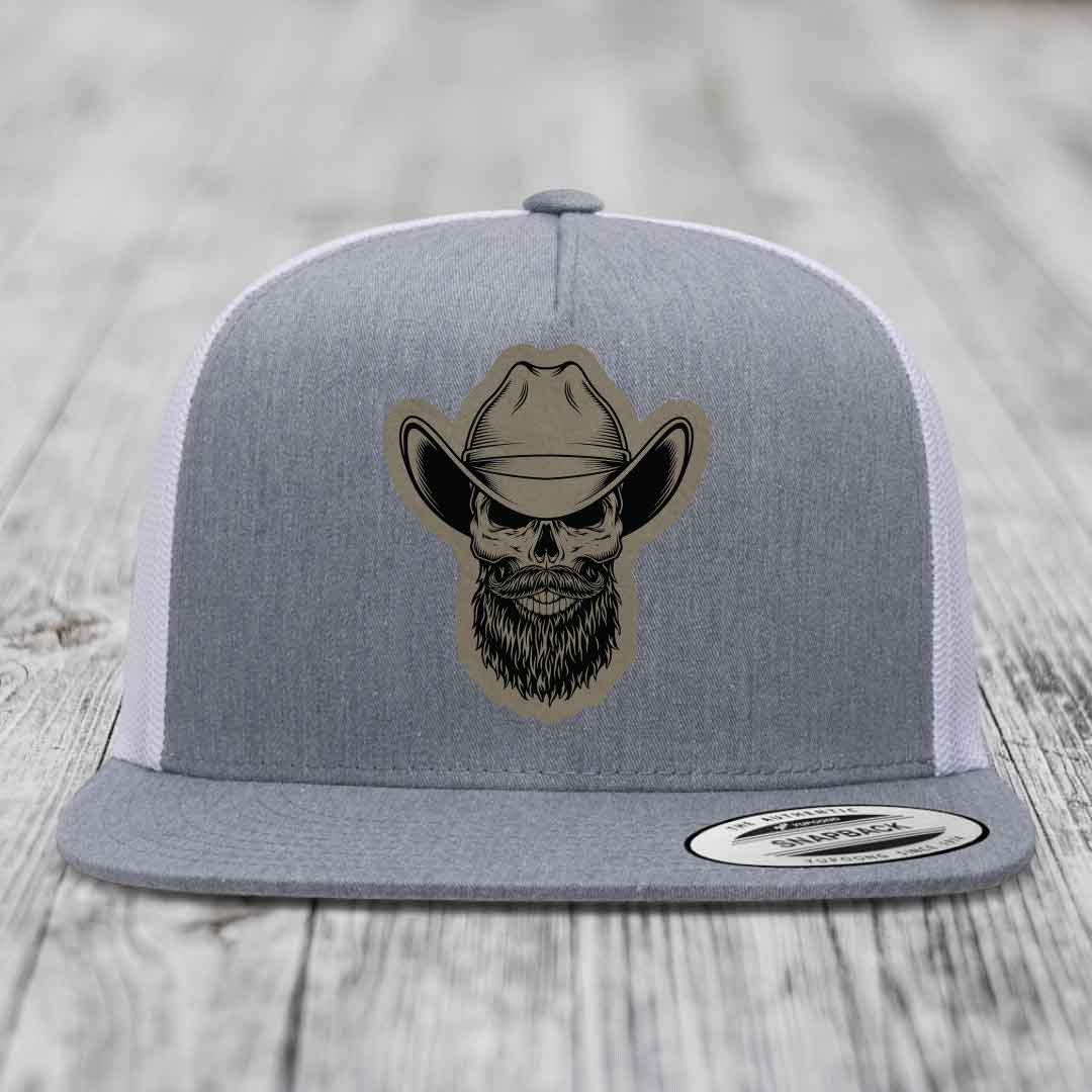 Bearded Cowboy Skull - Leather Patch Hat - Light Brown to Black Patch - Yupoong 6006 Snapback Flatbill Hat