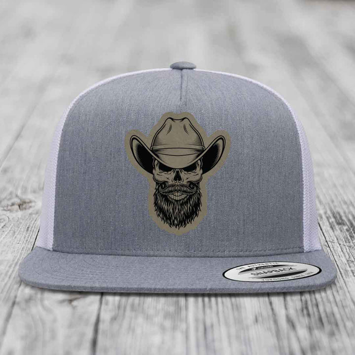 Bearded Cowboy Skull - Leather Patch Hat - Light Brown to Black Patch - Yupoong 6006 Snapback Flatbill Hat