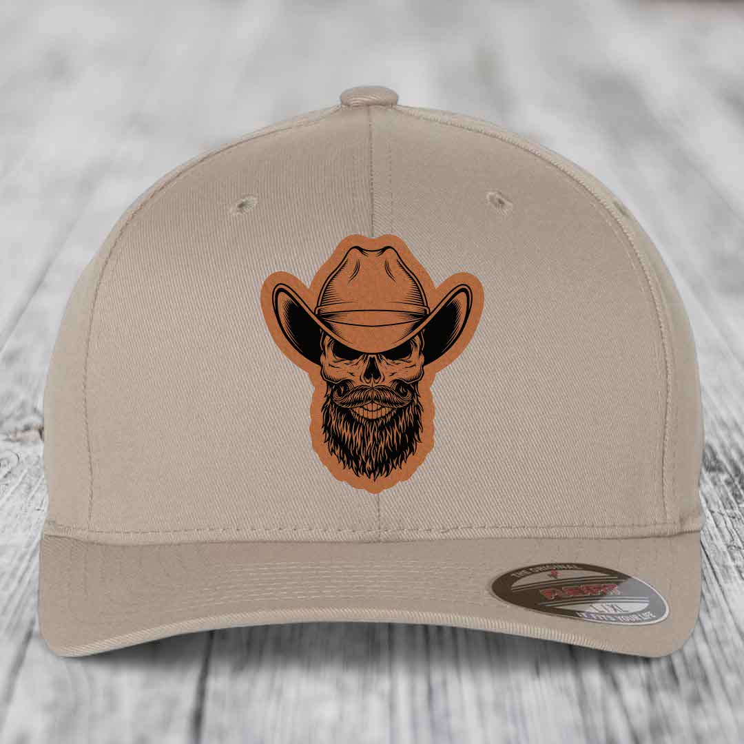 Bearded Cowboy Skull - Leather Patch Hat - Rawhide to Black Patch - Flexfit 6277 Fitted Hat
