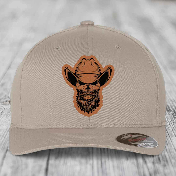 Bearded Cowboy Skull - Leather Patch Hat - Rawhide to Black Patch - Flexfit 6277 Fitted Hat
