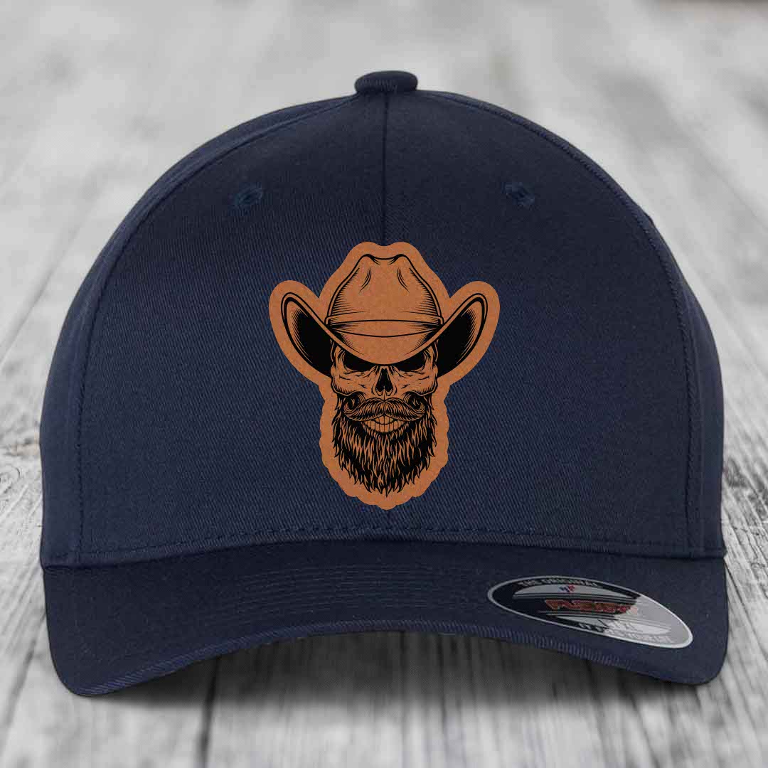 Bearded Cowboy Skull - Leather Patch Hat - Rawhide to Black Patch - Flexfit 6277 Fitted Hat