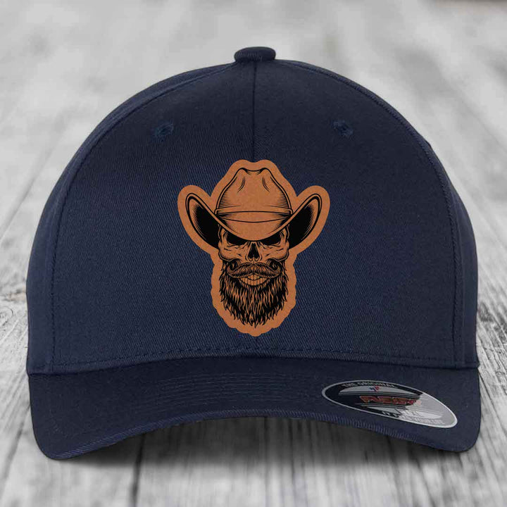 Bearded Cowboy Skull - Leather Patch Hat - Rawhide to Black Patch - Flexfit 6277 Fitted Hat