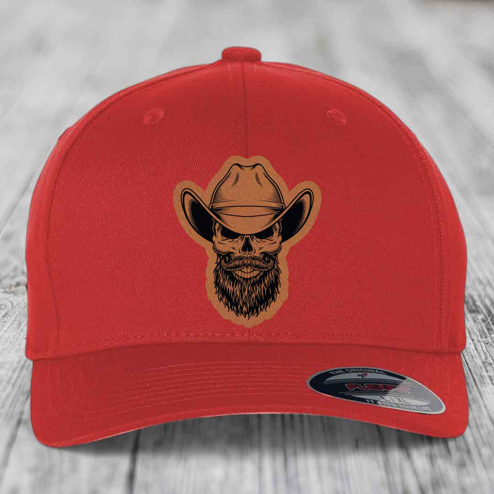 Bearded Cowboy Skull - Leather Patch Hat - Rawhide to Black Patch - Flexfit 6277 Fitted Hat