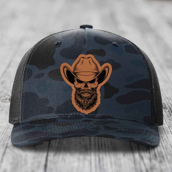 Bearded Cowboy Skull - Leather Patch Hat - Rawhide to Black Patch - Richardson 112PFP Snapback Trucker Hat