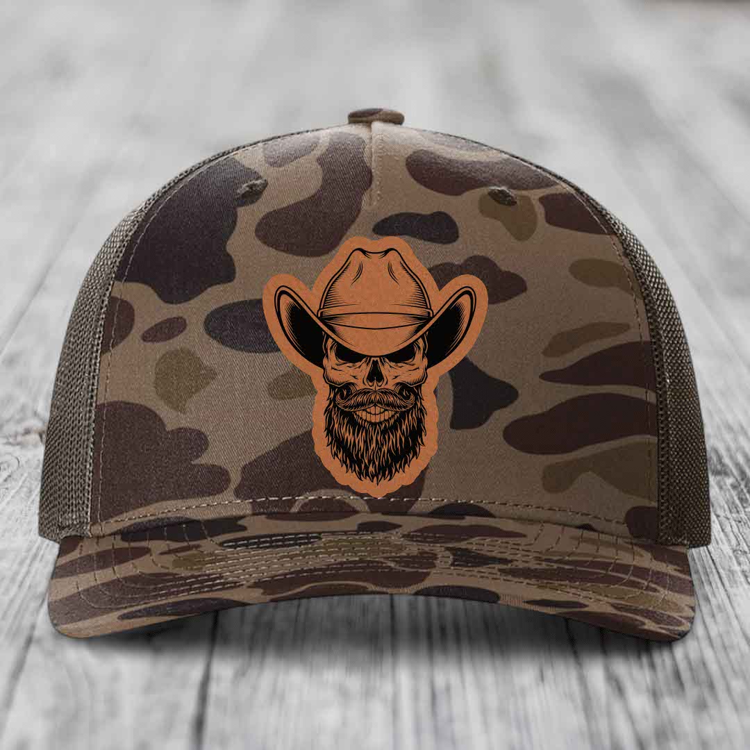 Bearded Cowboy Skull - Leather Patch Hat - Rawhide to Black Patch - Richardson 112PFP Snapback Trucker Hat