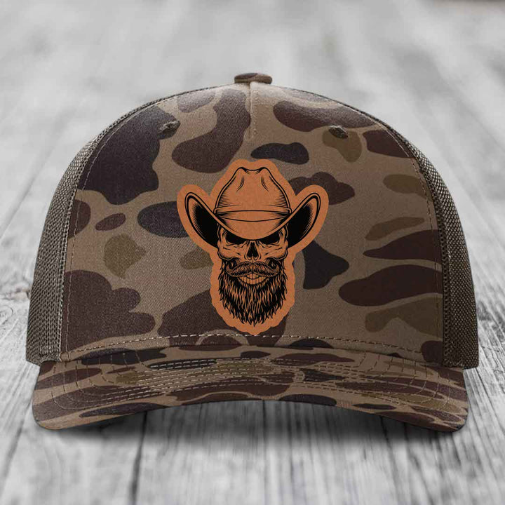 Bearded Cowboy Skull - Leather Patch Hat - Rawhide to Black Patch - Richardson 112PFP Snapback Trucker Hat