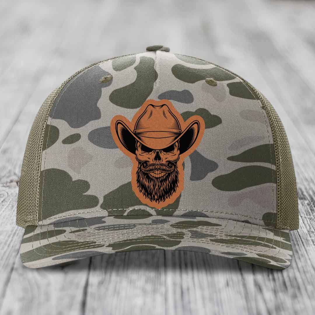 Bearded Cowboy Skull - Leather Patch Hat - Rawhide to Black Patch - Richardson 112PFP Snapback Trucker Hat