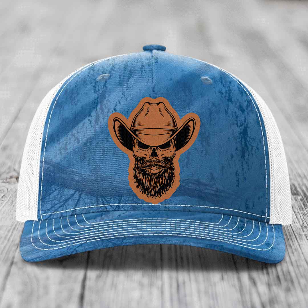 Bearded Cowboy Skull - Leather Patch Hat - Rawhide to Black Patch - Richardson 112PFP Snapback Trucker Hat