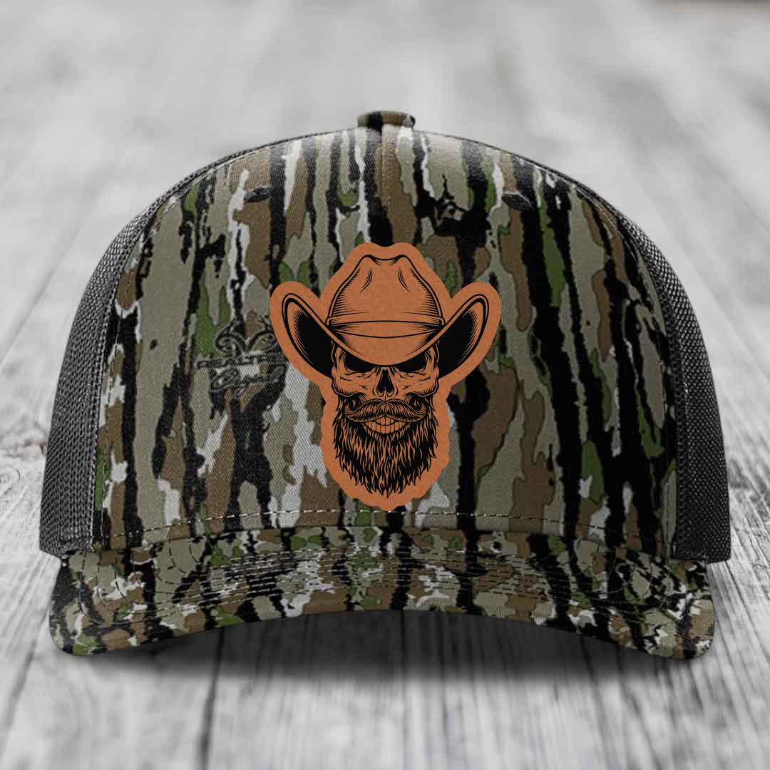 Bearded Cowboy Skull - Leather Patch Hat - Rawhide to Black Patch - Richardson 112PFP Snapback Trucker Hat