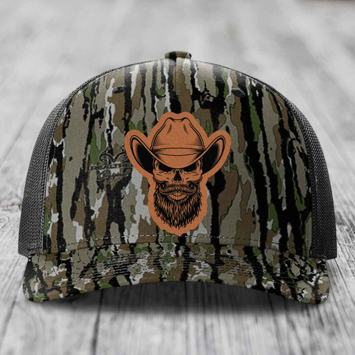 Bearded Cowboy Skull - Leather Patch Hat - Rawhide to Black Patch - Richardson 112PFP Snapback Trucker Hat