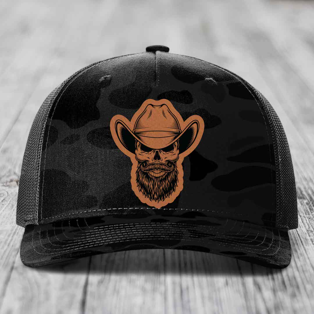 Bearded Cowboy Skull - Leather Patch Hat - Rawhide to Black Patch - Richardson 112PFP Snapback Trucker Hat