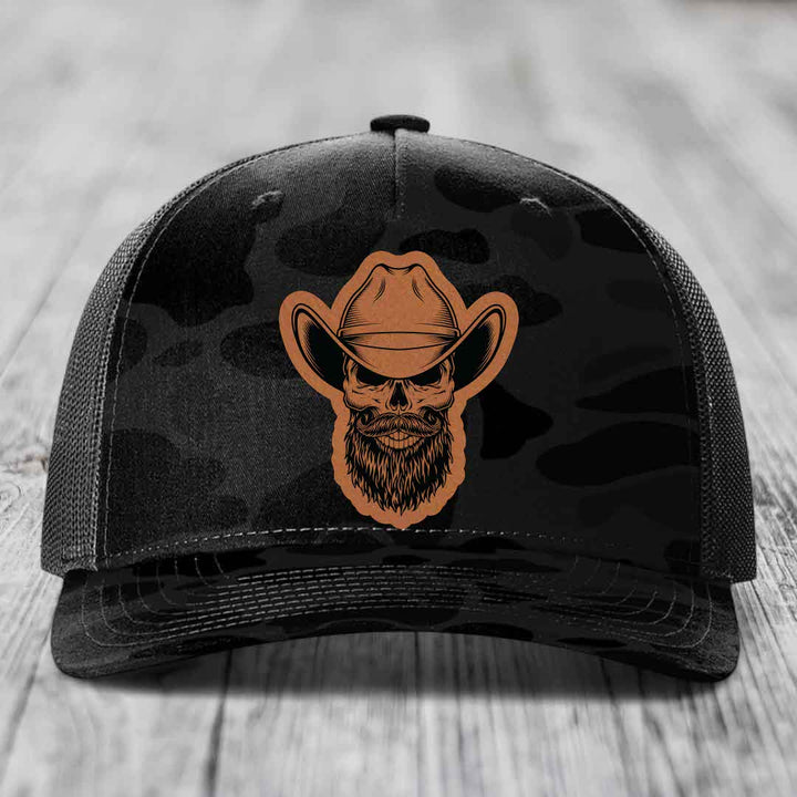 Bearded Cowboy Skull - Leather Patch Hat - Rawhide to Black Patch - Richardson 112PFP Snapback Trucker Hat