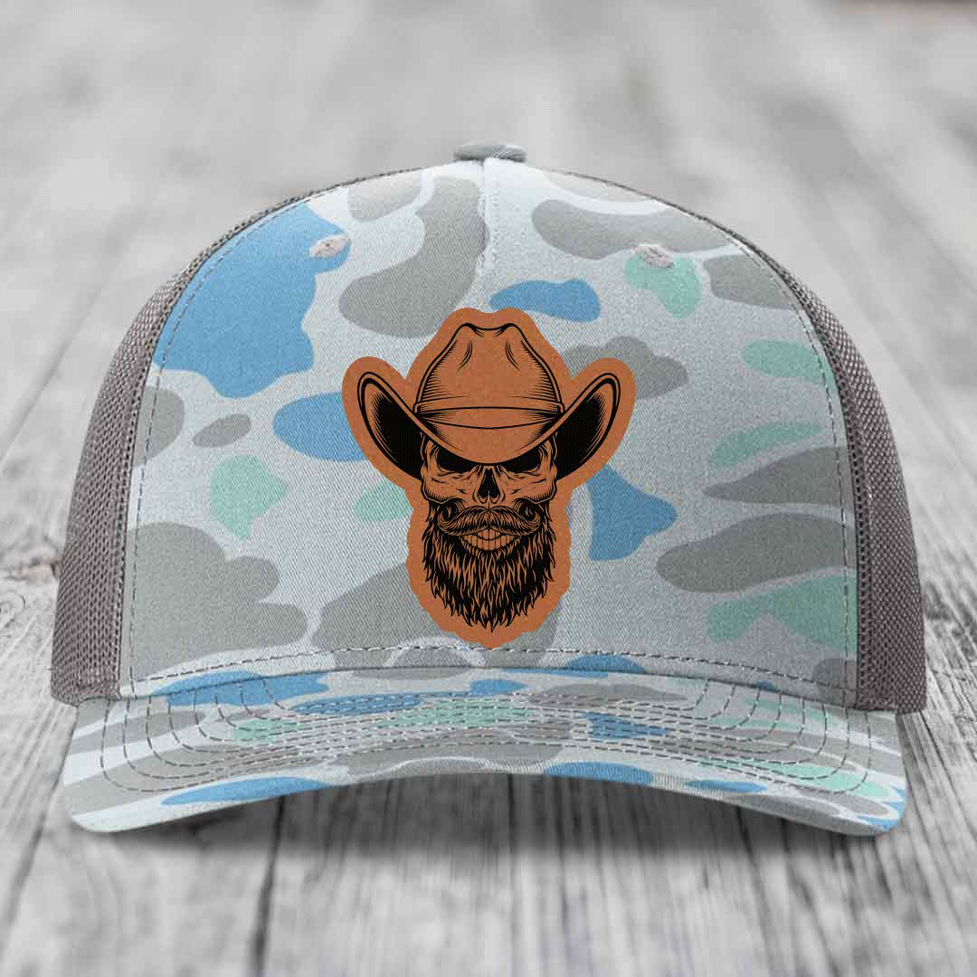 Bearded Cowboy Skull - Leather Patch Hat - Rawhide to Black Patch - Richardson 112PFP Snapback Trucker Hat