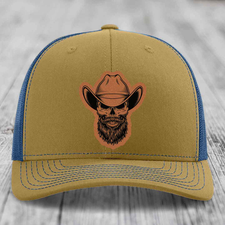 Bearded Cowboy Skull - Leather Patch Hat - Rawhide to Black Patch - Richardson 112 Snapback Trucker Hat