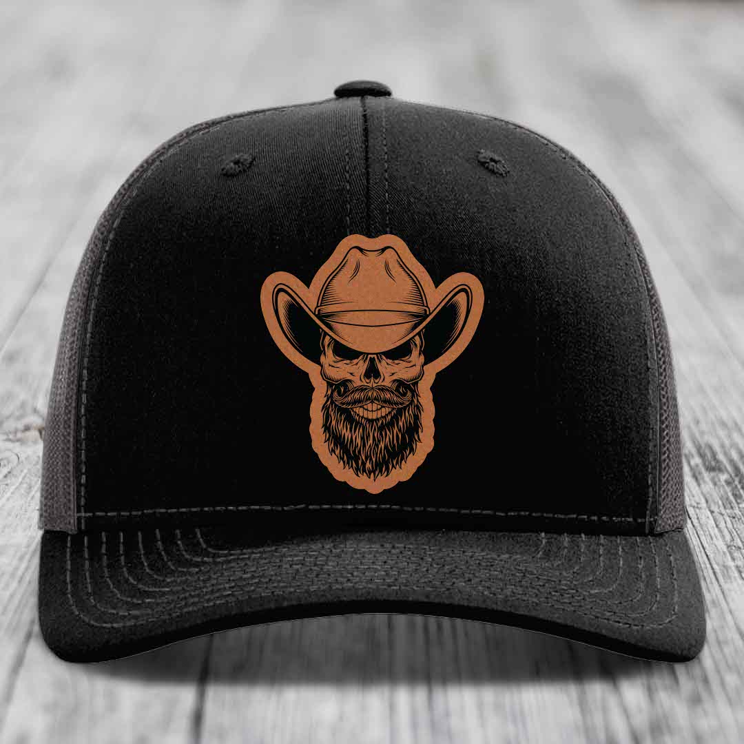 Bearded Cowboy Skull - Leather Patch Hat - Rawhide to Black Patch - Richardson 112 Snapback Trucker Hat