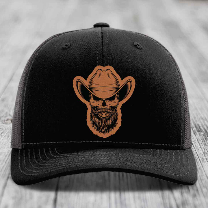 Bearded Cowboy Skull - Leather Patch Hat - Rawhide to Black Patch - Richardson 112 Snapback Trucker Hat
