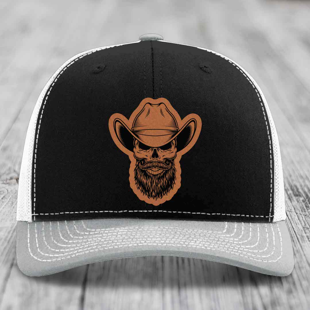 Bearded Cowboy Skull - Leather Patch Hat - Rawhide to Black Patch - Richardson 112 Snapback Trucker Hat