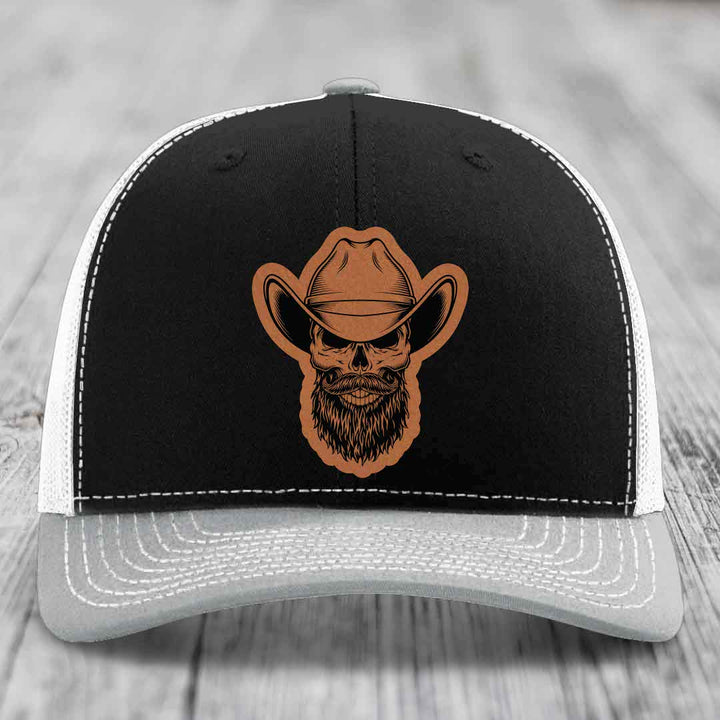 Bearded Cowboy Skull - Leather Patch Hat - Rawhide to Black Patch - Richardson 112 Snapback Trucker Hat