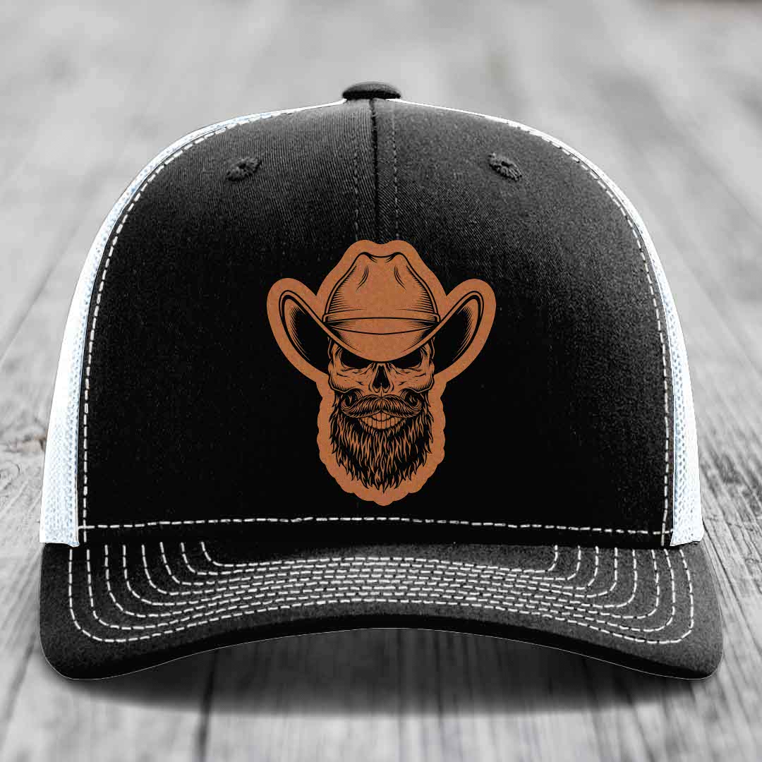 Bearded Cowboy Skull - Leather Patch Hat - Rawhide to Black Patch - Richardson 112 Snapback Trucker Hat