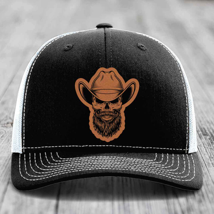 Bearded Cowboy Skull - Leather Patch Hat - Rawhide to Black Patch - Richardson 112 Snapback Trucker Hat
