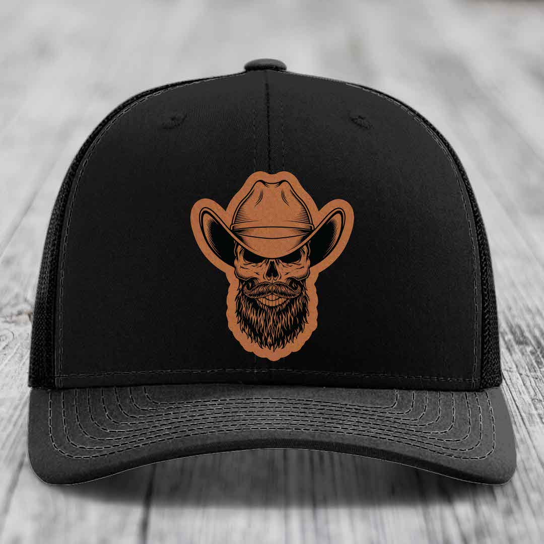 Bearded Cowboy Skull - Leather Patch Hat - Rawhide to Black Patch - Richardson 112 Snapback Trucker Hat