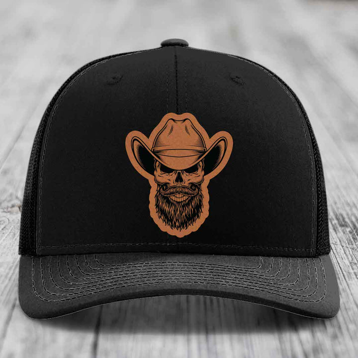 Bearded Cowboy Skull - Leather Patch Hat - Rawhide to Black Patch - Richardson 112 Snapback Trucker Hat