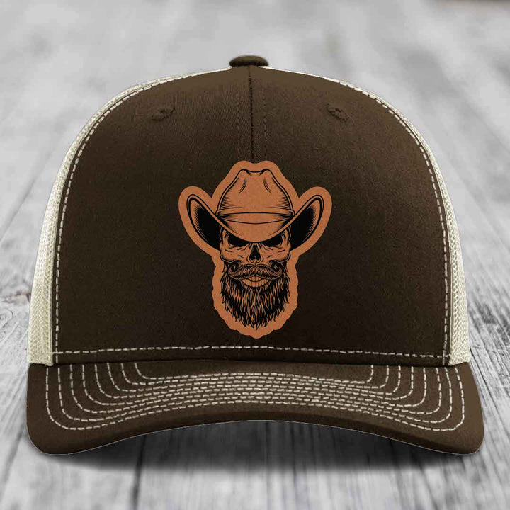 Bearded Cowboy Skull - Leather Patch Hat - Rawhide to Black Patch - Richardson 112 Snapback Trucker Hat