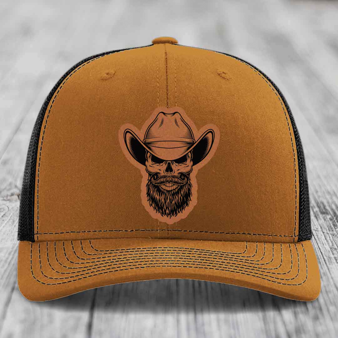 Bearded Cowboy Skull - Leather Patch Hat - Rawhide to Black Patch - Richardson 112 Snapback Trucker Hat