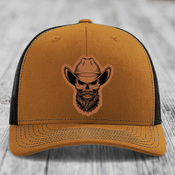 Bearded Cowboy Skull - Leather Patch Hat - Rawhide to Black Patch - Richardson 112 Snapback Trucker Hat