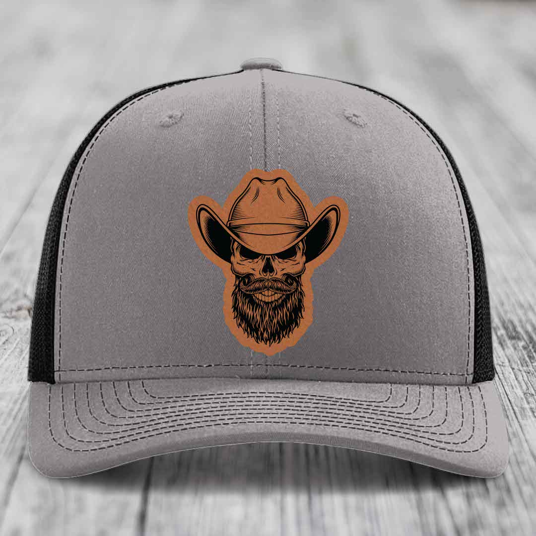 Bearded Cowboy Skull - Leather Patch Hat - Rawhide to Black Patch - Richardson 112 Snapback Trucker Hat
