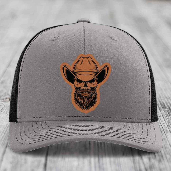 Bearded Cowboy Skull - Leather Patch Hat - Rawhide to Black Patch - Richardson 112 Snapback Trucker Hat
