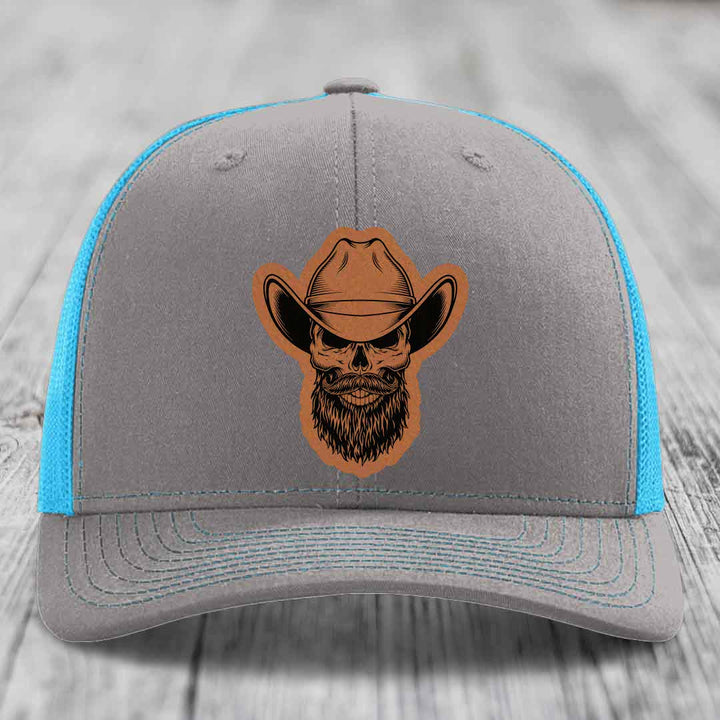 Bearded Cowboy Skull - Leather Patch Hat - Rawhide to Black Patch - Richardson 112 Snapback Trucker Hat