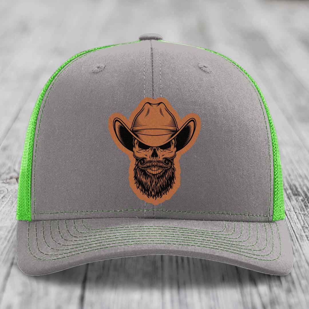 Bearded Cowboy Skull - Leather Patch Hat - Rawhide to Black Patch - Richardson 112 Snapback Trucker Hat