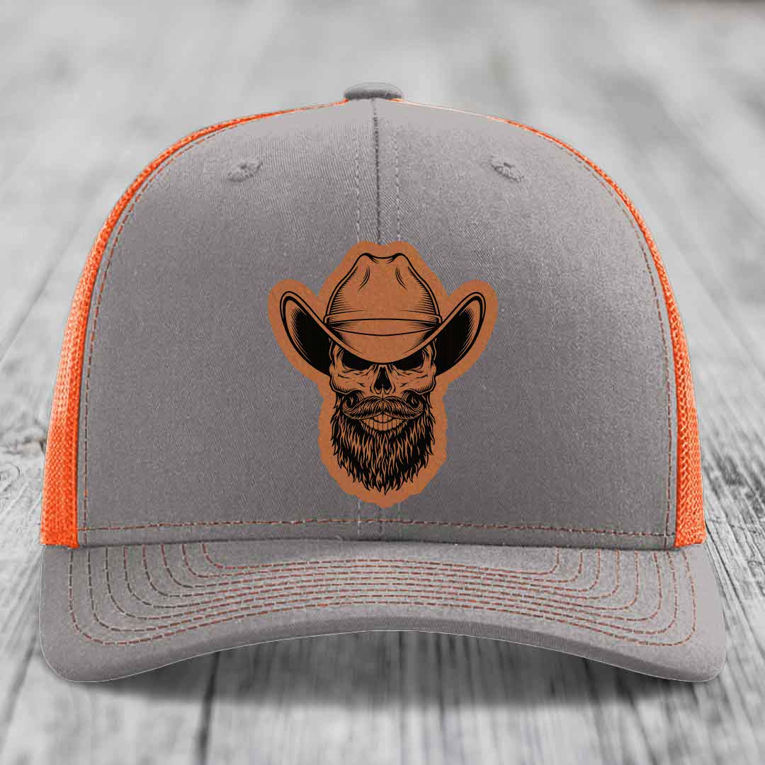 Bearded Cowboy Skull - Leather Patch Hat - Rawhide to Black Patch - Richardson 112 Snapback Trucker Hat