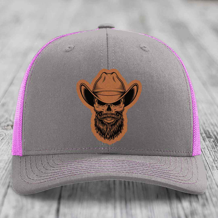 Bearded Cowboy Skull - Leather Patch Hat - Rawhide to Black Patch - Richardson 112 Snapback Trucker Hat