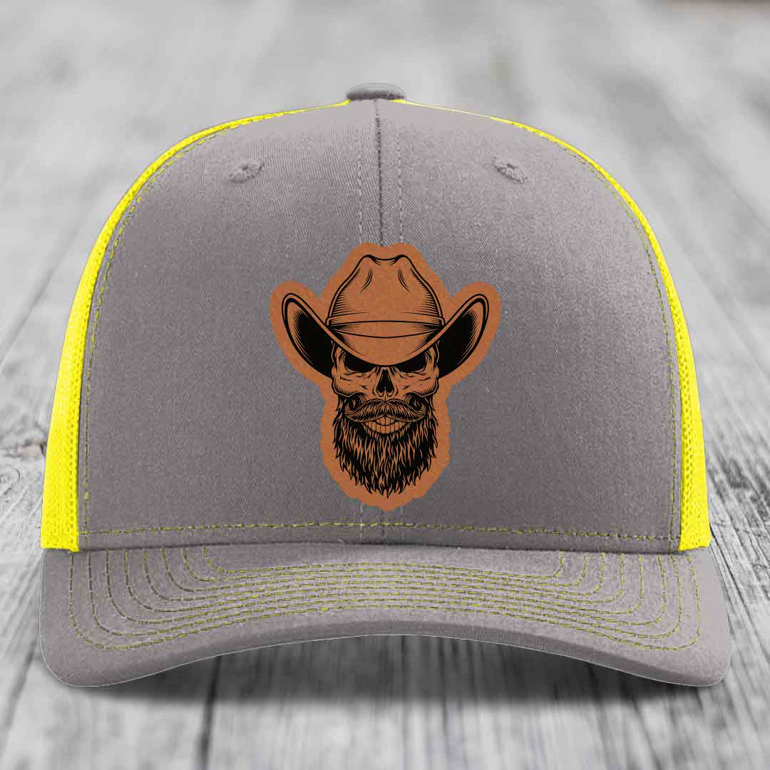 Bearded Cowboy Skull - Leather Patch Hat - Rawhide to Black Patch - Richardson 112 Snapback Trucker Hat