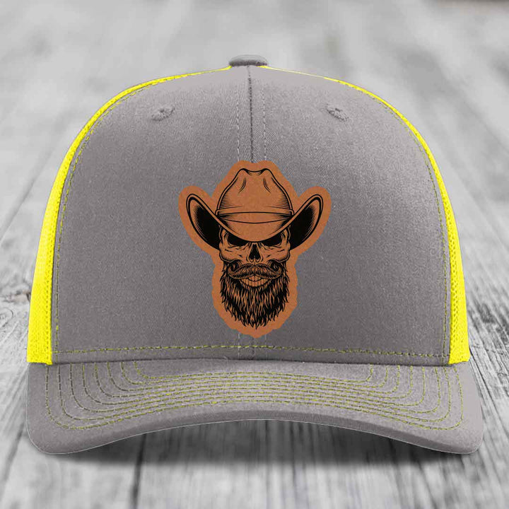Bearded Cowboy Skull - Leather Patch Hat - Rawhide to Black Patch - Richardson 112 Snapback Trucker Hat
