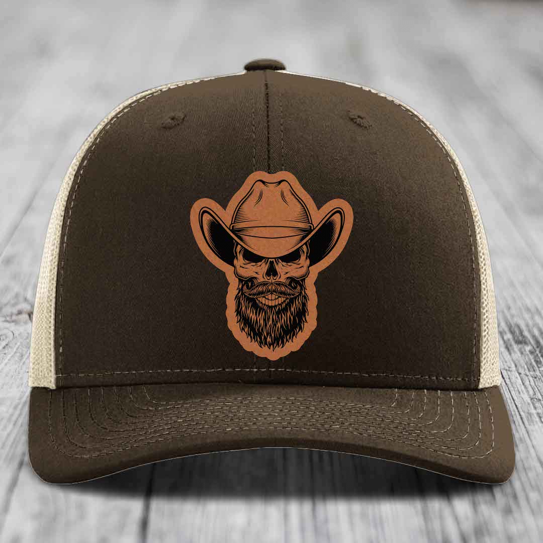 Bearded Cowboy Skull - Leather Patch Hat - Rawhide to Black Patch - Richardson 112 Snapback Trucker Hat