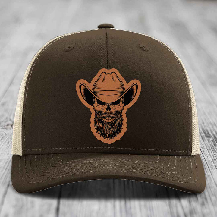 Bearded Cowboy Skull - Leather Patch Hat - Rawhide to Black Patch - Richardson 112 Snapback Trucker Hat