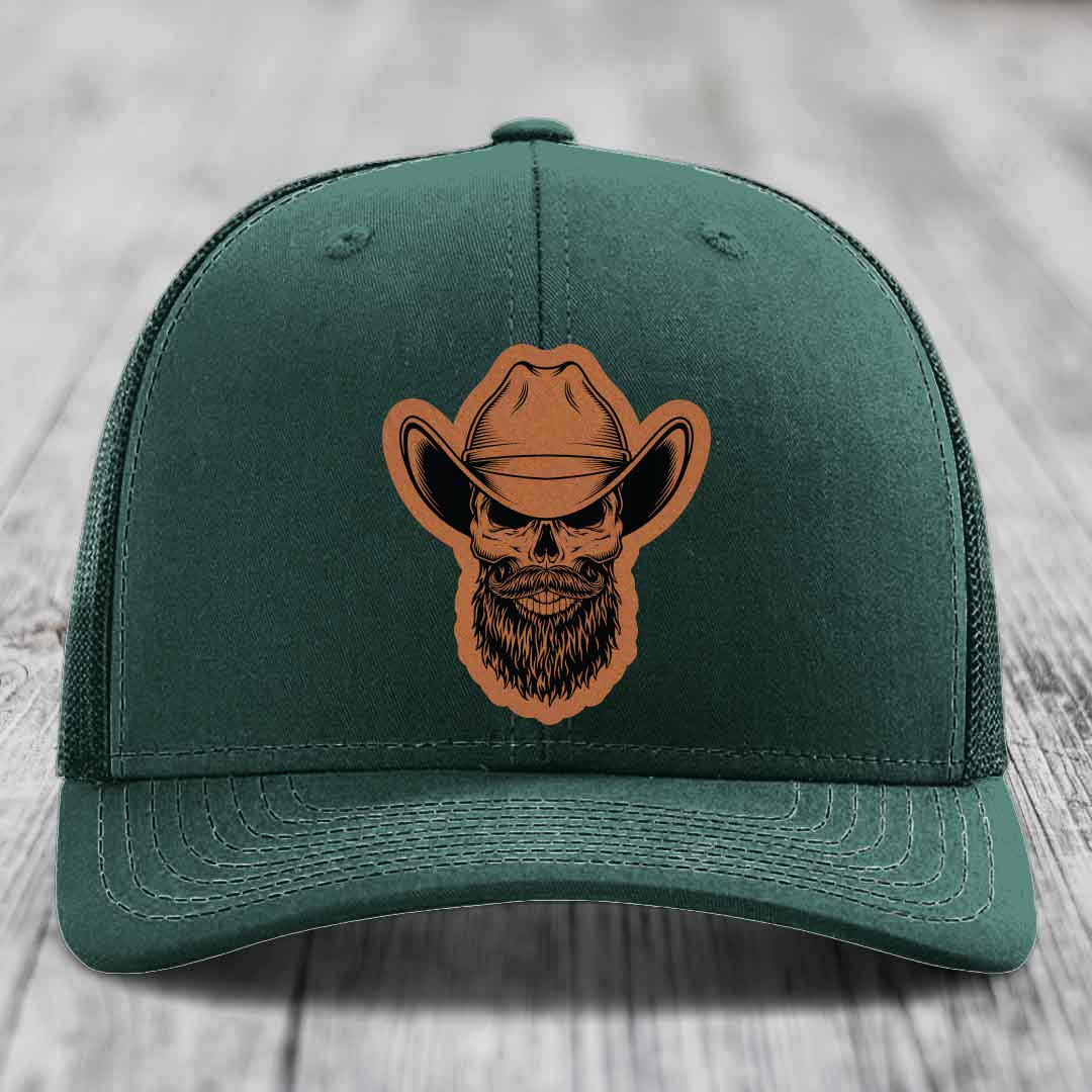 Bearded Cowboy Skull - Leather Patch Hat - Rawhide to Black Patch - Richardson 112 Snapback Trucker Hat