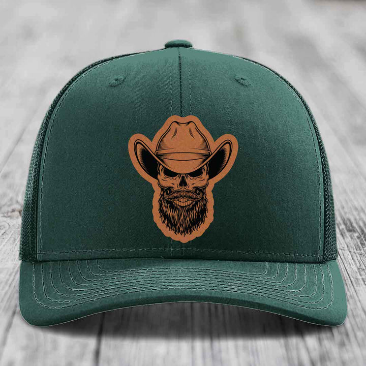 Bearded Cowboy Skull - Leather Patch Hat - Rawhide to Black Patch - Richardson 112 Snapback Trucker Hat