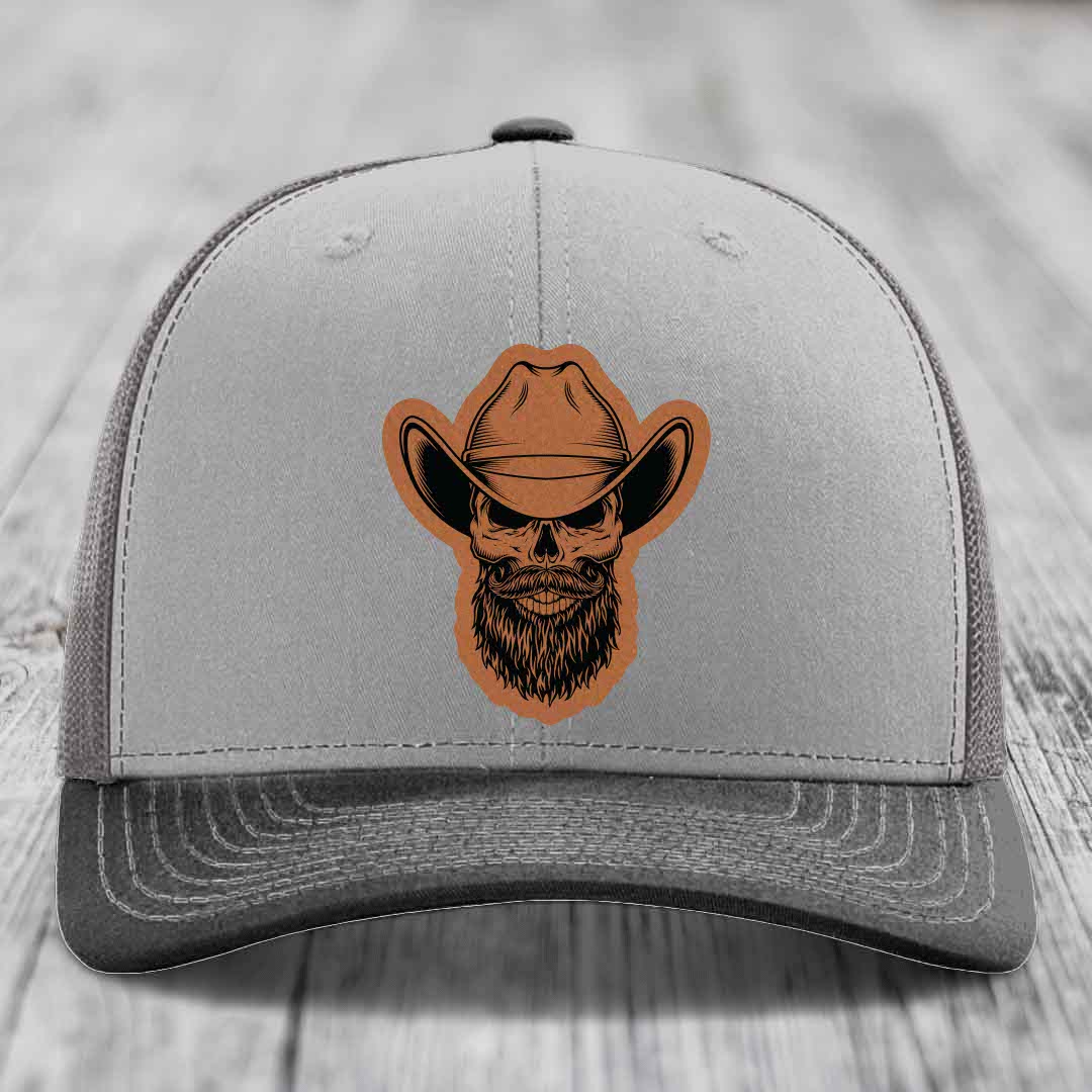 Bearded Cowboy Skull - Leather Patch Hat - Rawhide to Black Patch - Richardson 112 Snapback Trucker Hat