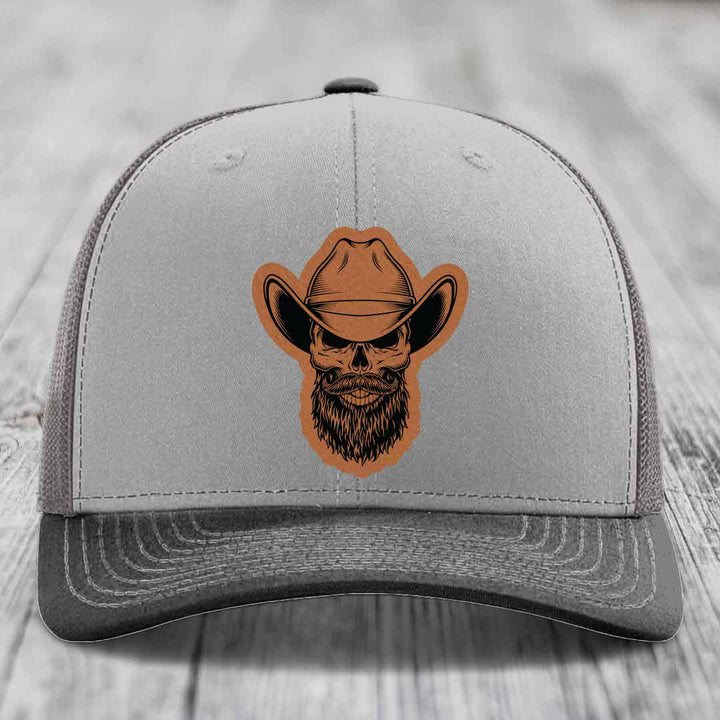 Bearded Cowboy Skull - Leather Patch Hat - Rawhide to Black Patch - Richardson 112 Snapback Trucker Hat