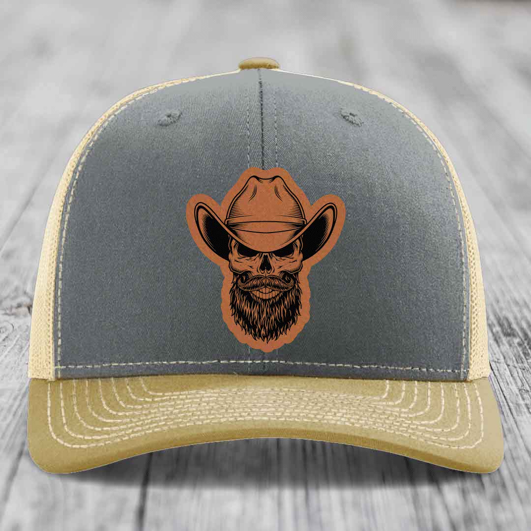 Bearded Cowboy Skull - Leather Patch Hat - Rawhide to Black Patch - Richardson 112 Snapback Trucker Hat