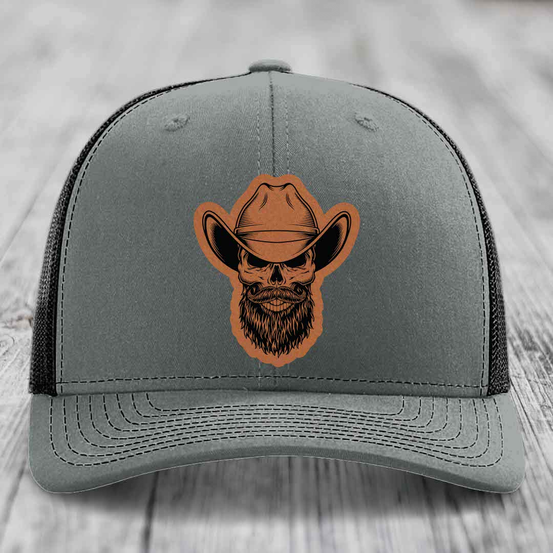 Bearded Cowboy Skull - Leather Patch Hat - Rawhide to Black Patch - Richardson 112 Snapback Trucker Hat