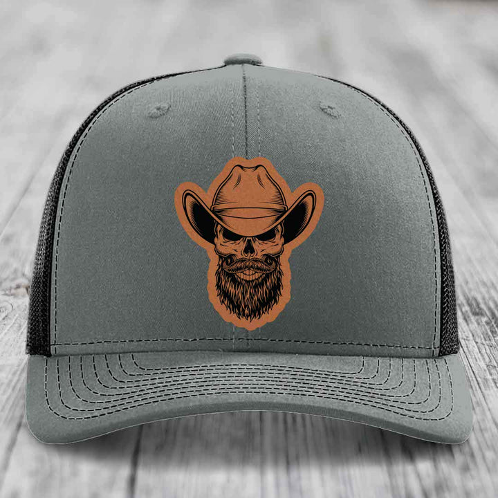 Bearded Cowboy Skull - Leather Patch Hat - Rawhide to Black Patch - Richardson 112 Snapback Trucker Hat