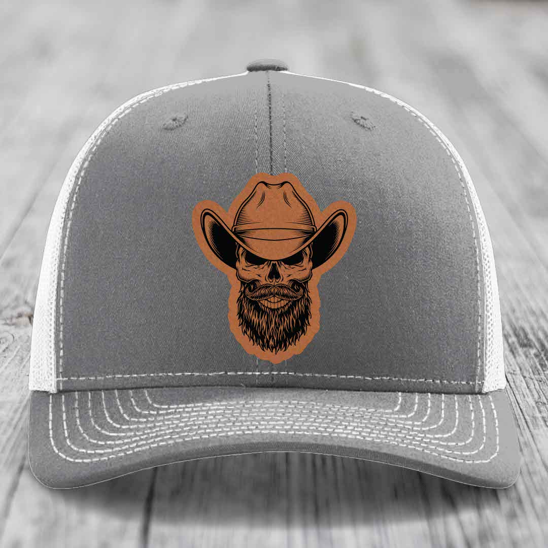 Bearded Cowboy Skull - Leather Patch Hat - Rawhide to Black Patch - Richardson 112 Snapback Trucker Hat