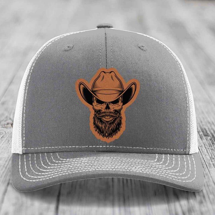Bearded Cowboy Skull - Leather Patch Hat - Rawhide to Black Patch - Richardson 112 Snapback Trucker Hat