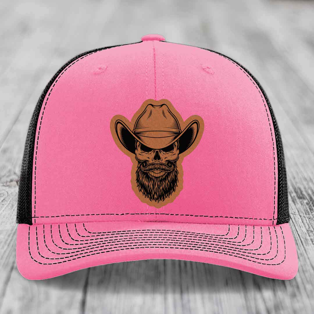 Bearded Cowboy Skull - Leather Patch Hat - Rawhide to Black Patch - Richardson 112 Snapback Trucker Hat